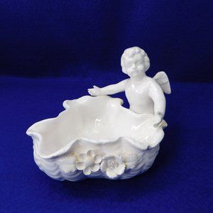 Vintage Lenwile Ardalt White Cherub Cupid Bowl Trinket Candy Japan 6"